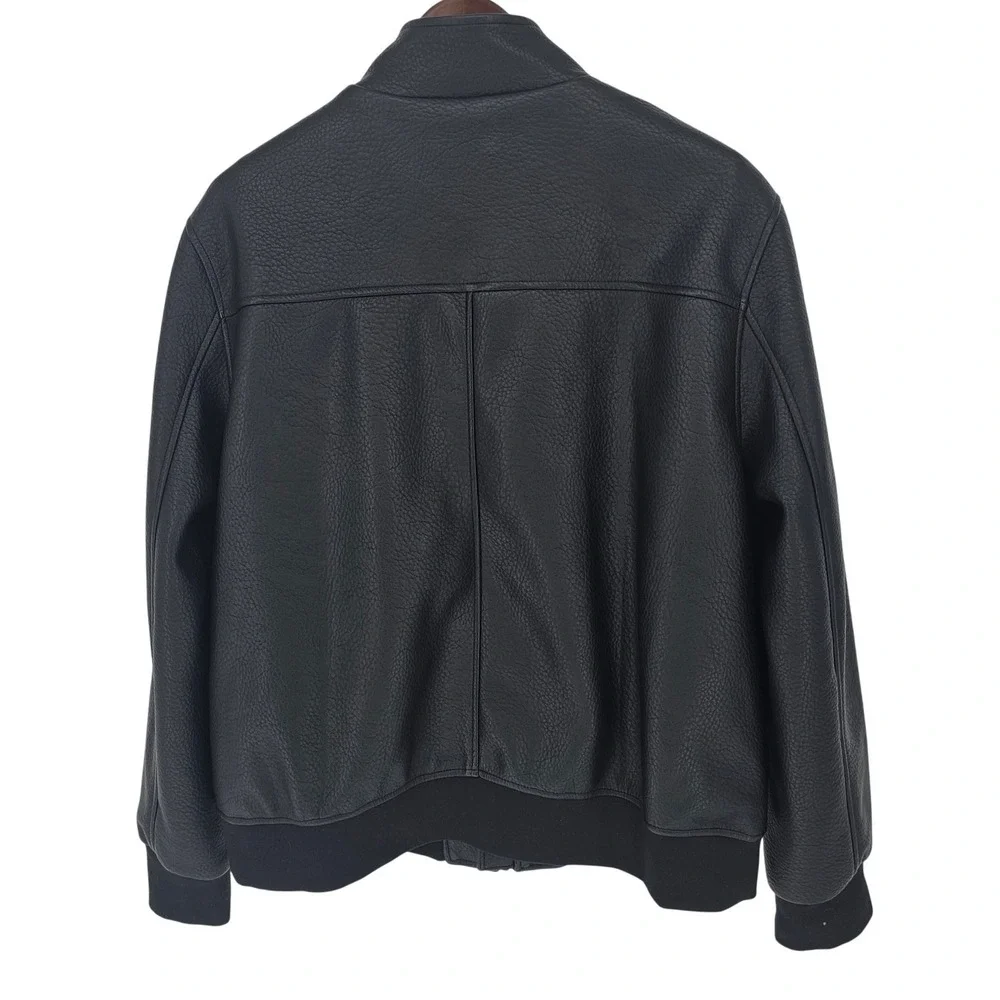 Cole Haan Signature Black Faux Pebbled Leather Bomber Jacket Mens XL Quilt Lined